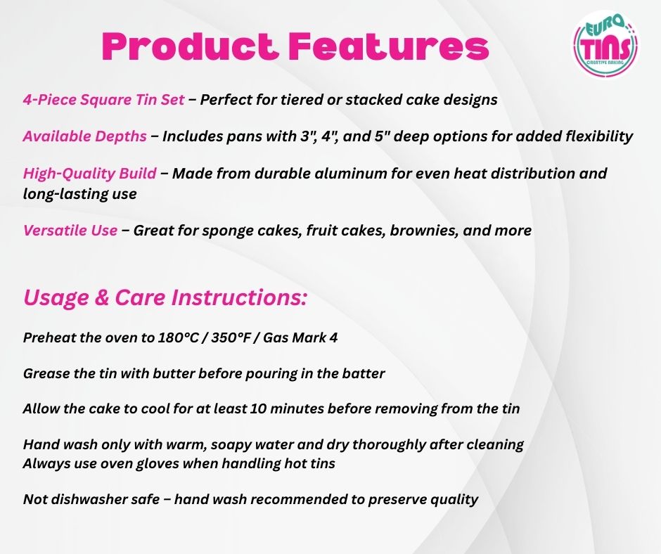 SET OF 4 TIER SQUARE (3", 4" and 5" DEEP) CAKE TINS / CAKE PANS / CAKE MOULDS